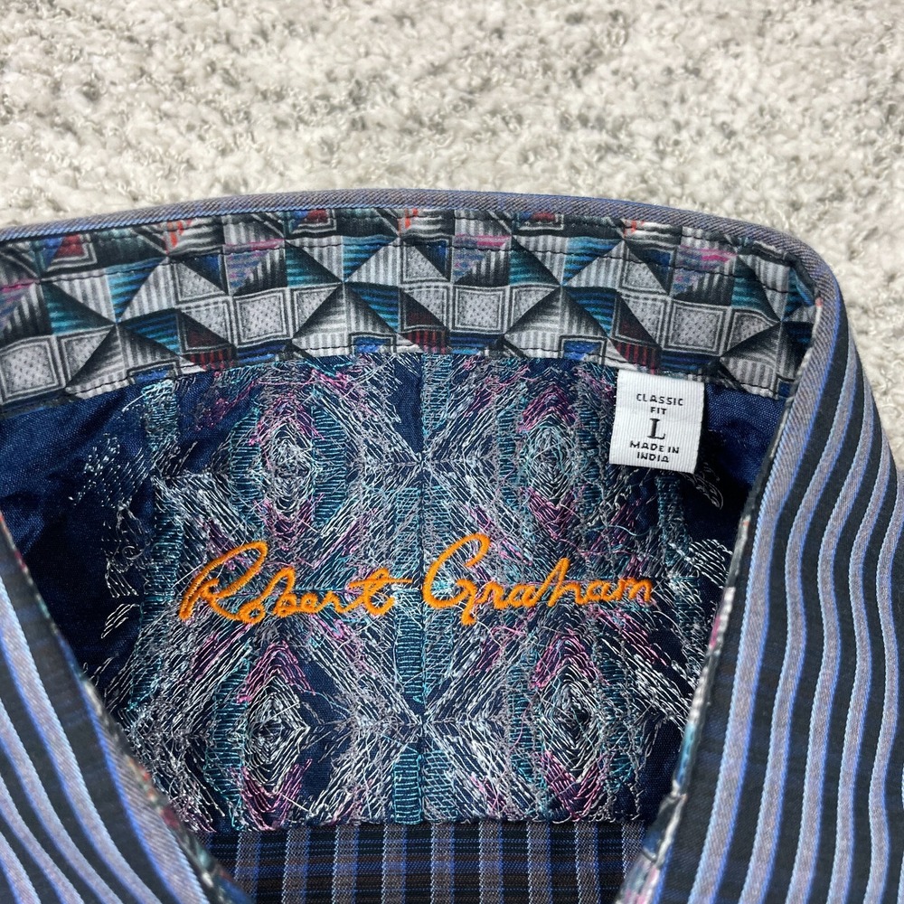 Robert Graham Shirt Men Large Flip Cuff Classic Fit Striped Geometric Black Blue - Picture 8 of 12